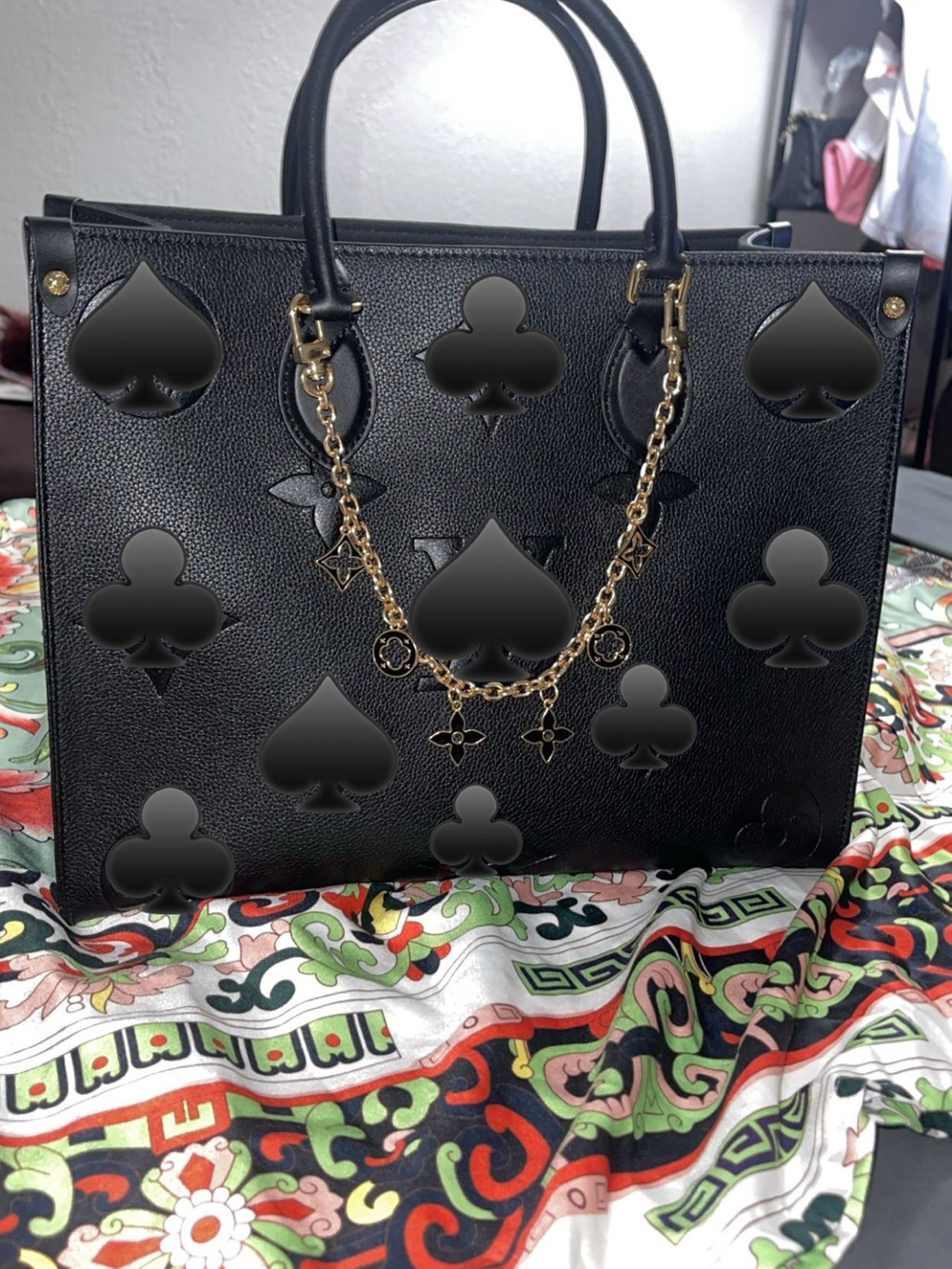 Black Leather Tote with Gold Chain Charm